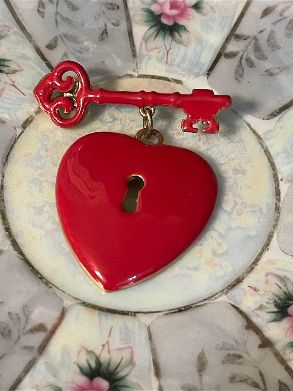 Vintage Red Enamel “Key To My Heart” Skeleton Key & Heart Lock Dangling Brooch